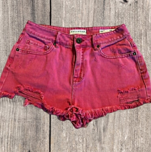 Bullhead Denim - BULLHEAD Distressed High Waist Denim Shorts sz 00 / XXS Red Burgandy